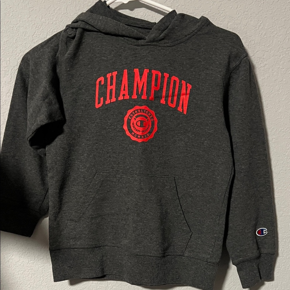 Champion Charcoal Hoodie with Vibrant Red Accents